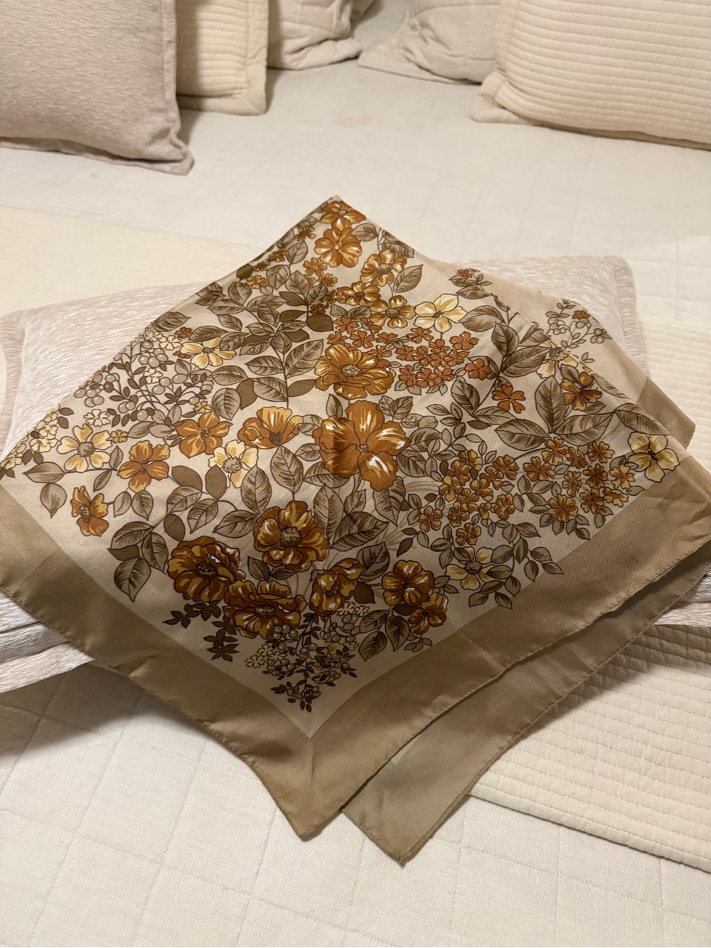Floral Print Silk Scarf - Beige and Mustard